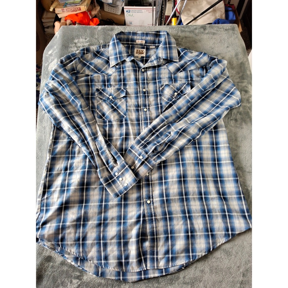 Ely Cattleman Mens Blue Plaid Western Pearl Snap Shirt Long Sleeve 2XLT Tall